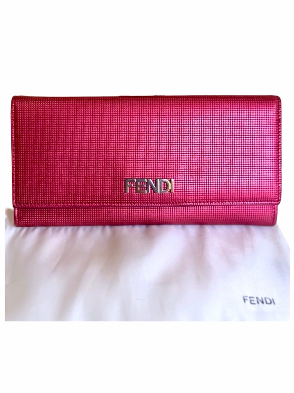 Fendi Textured Metallic Magenta Continental Flap Wallet Full Inclusion COA
